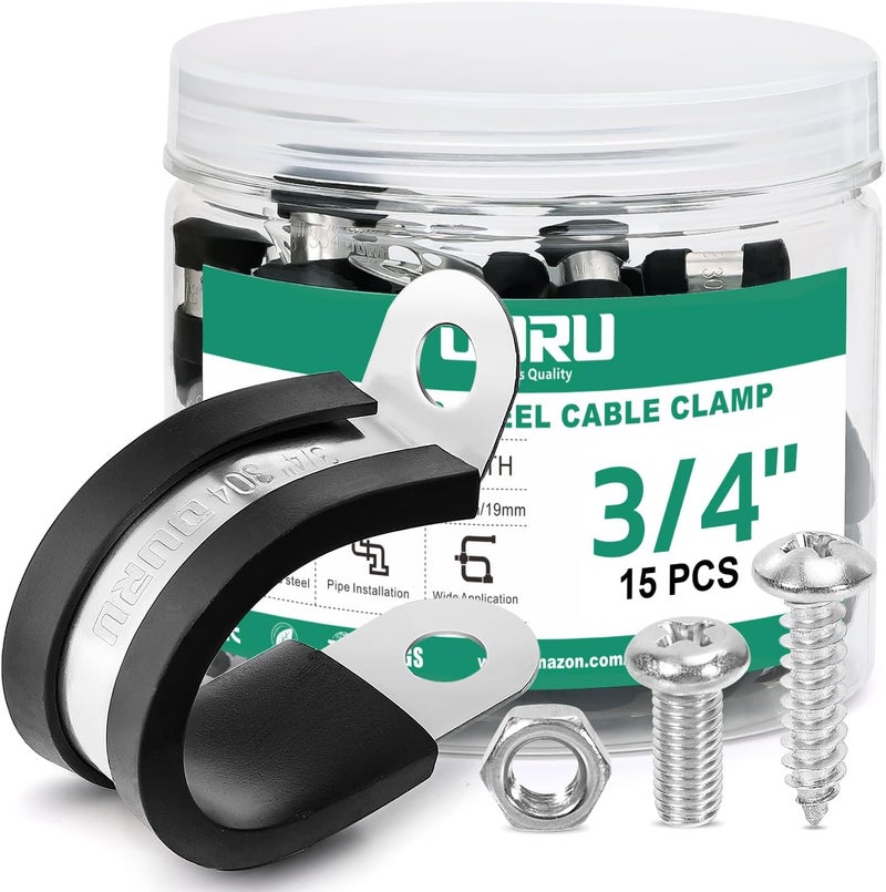 ORU 15PCS 3/4 Inch Cable Clamps with 35PCS Screws Assortment Kit 304 Stainless Steel Rubber Cushioned Insulated Cable Clamp, Automotive Wire Pipe Clamps(19mm) - Image 1